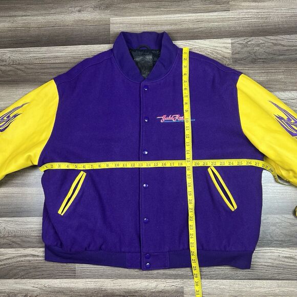 VTG Gold Rush Motorsports Varsity Wool Leather Jacket Purple Gold Sz XL - Picture 3 of 15